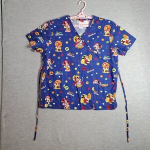 Disney Women Scrub Top Large Blue Mickey Mouse Halloween Short Sleeve